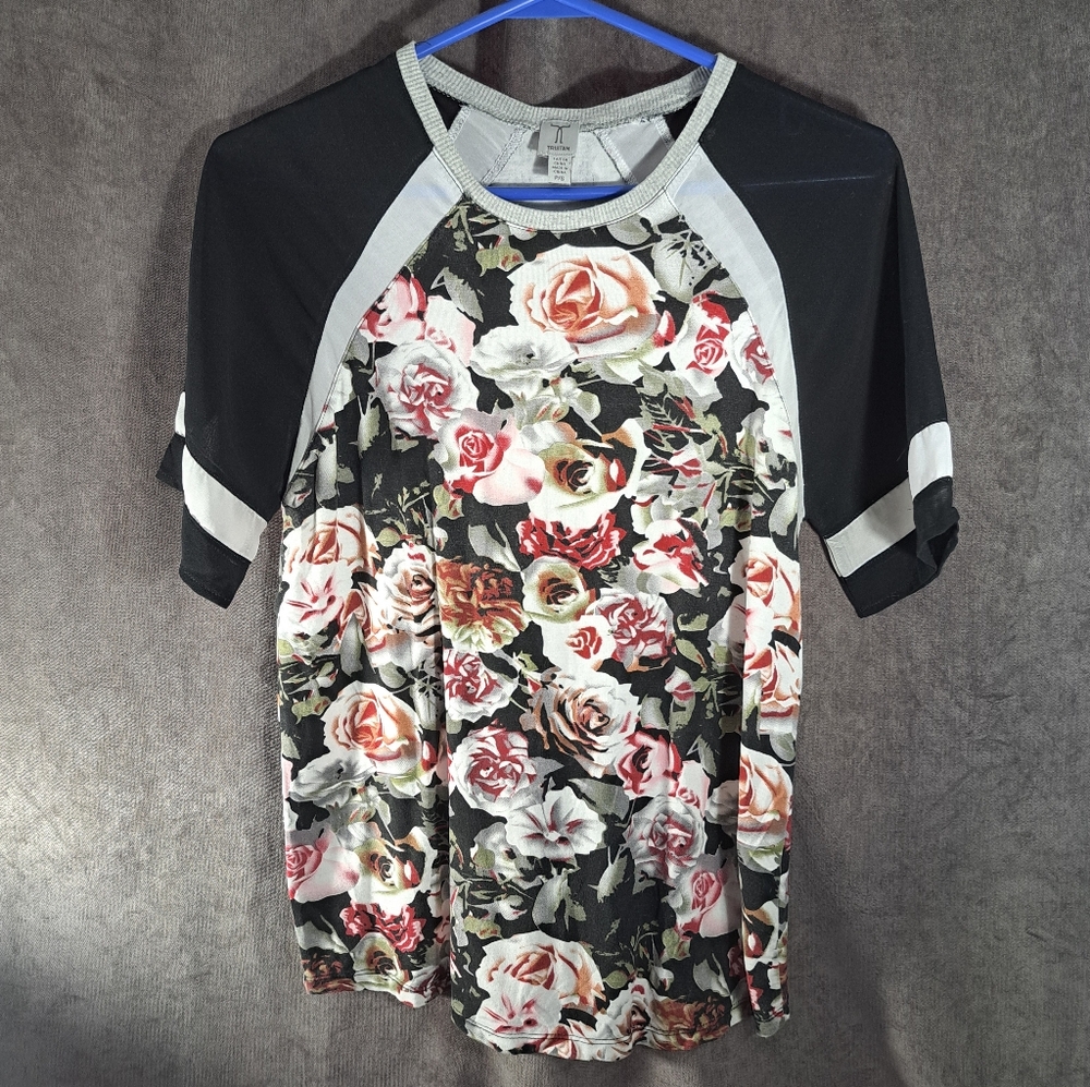 Tristan Black White Red Floral Tee with Sheer Black White Shoulders Sleeves G S